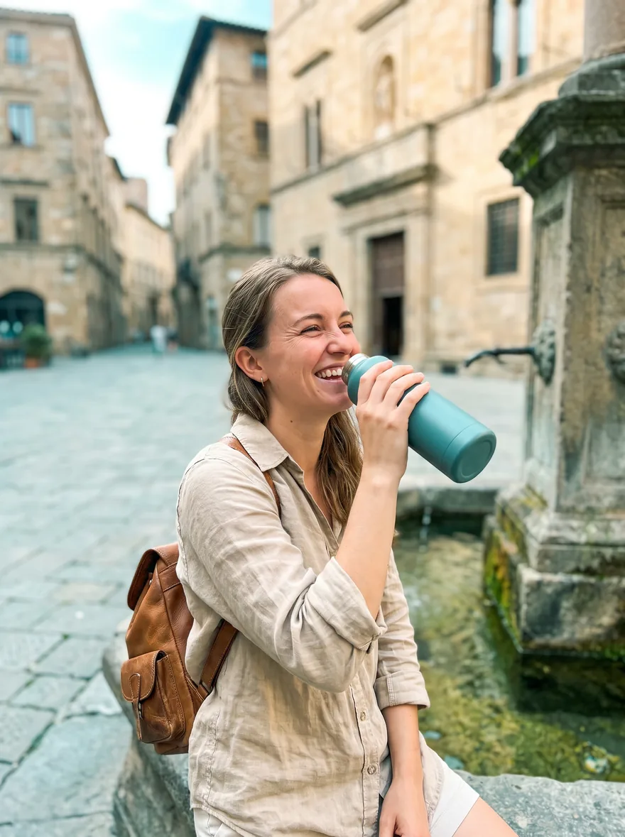 A traveler laughing as she drinks from her reusable bottle beside an old stone fountain