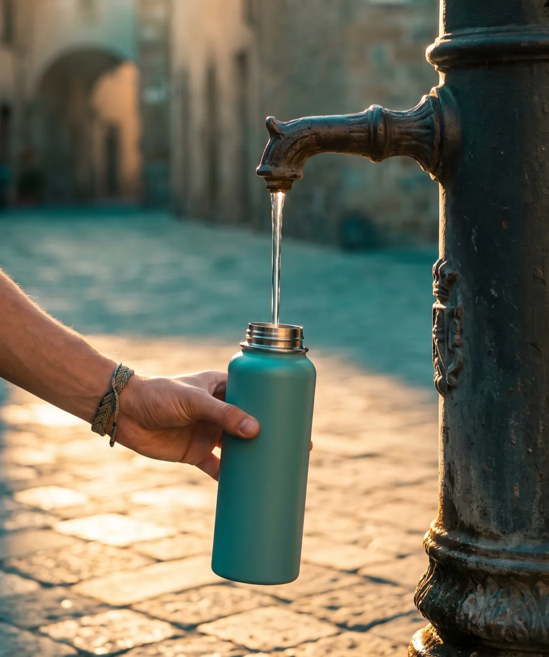 Filling a bottle at a historic street fountain at golden hour