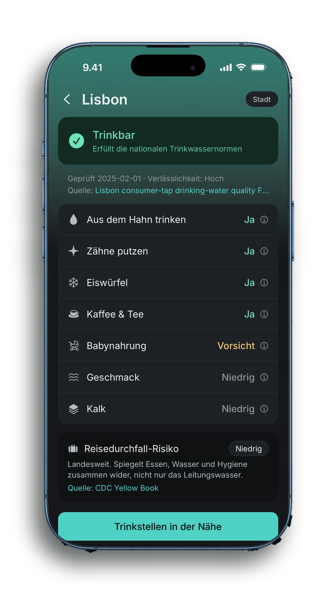 TapNomad zeigt, dass das Leitungswasser in Lissabon trinkbar ist, mit Quelle, Datum und Antworten zu Zähneputzen, Eiswürfeln, Kaffee und Babynahrung