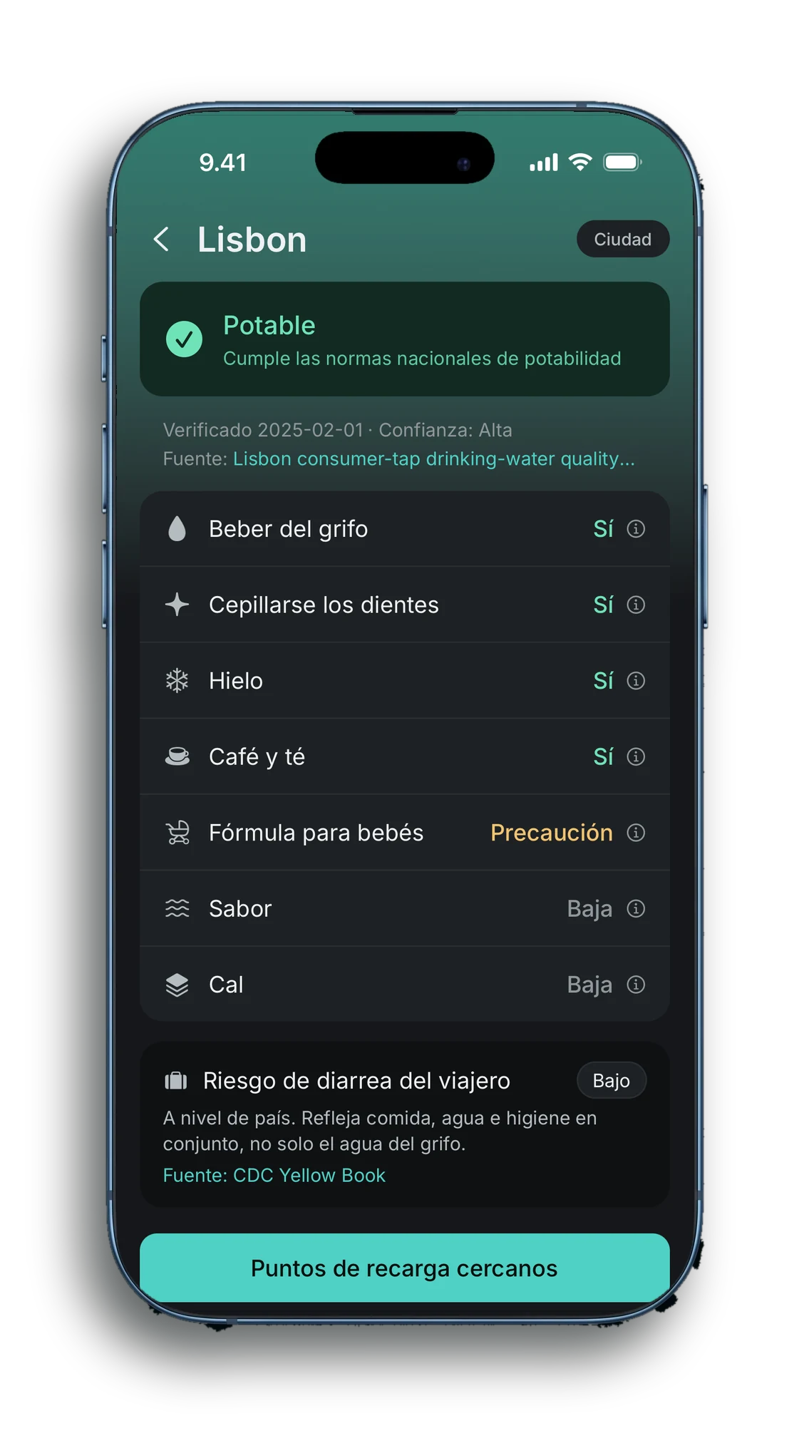 TapNomad muestra que el agua del grifo de Lisboa es potable, con la fuente, la fecha y respuestas sobre cepillarse los dientes, el hielo, el café y el biberón