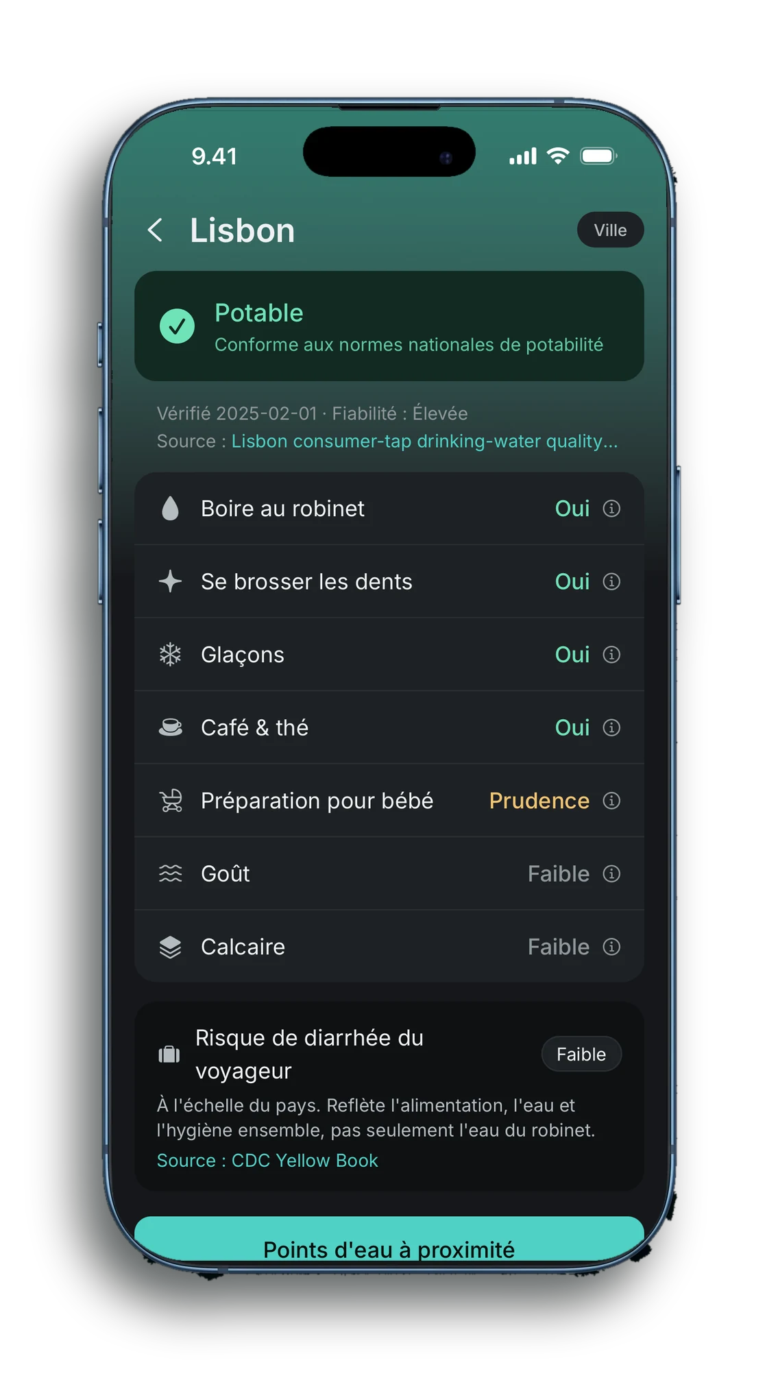 TapNomad indique que l'eau du robinet de Lisbonne est potable, avec la source, la date et les réponses pour le brossage des dents, les glaçons, le café et le biberon