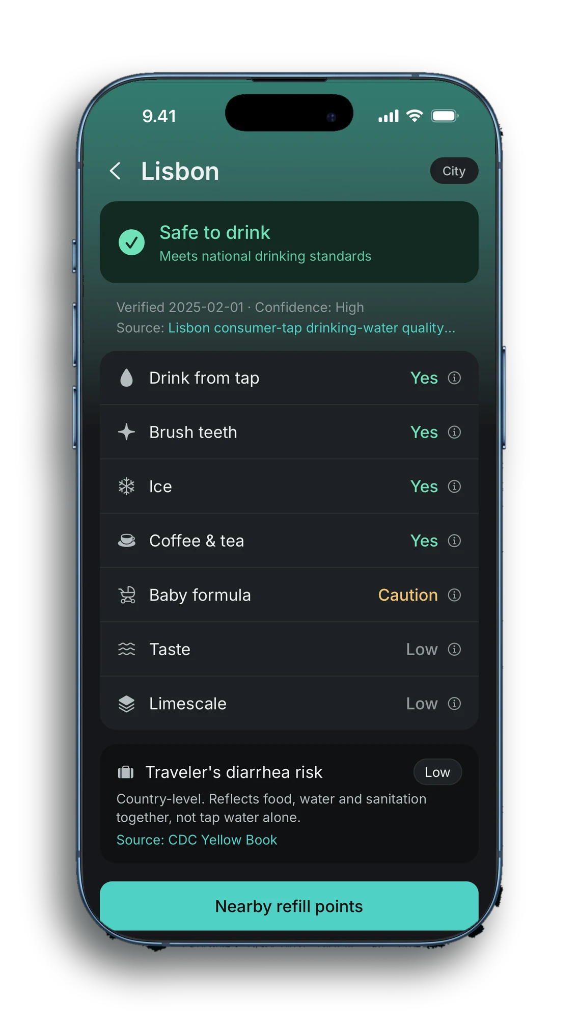 TapNomad showing that Lisbon's tap water is safe to drink, with the source, the date and answers for brushing teeth, ice, coffee and baby formula