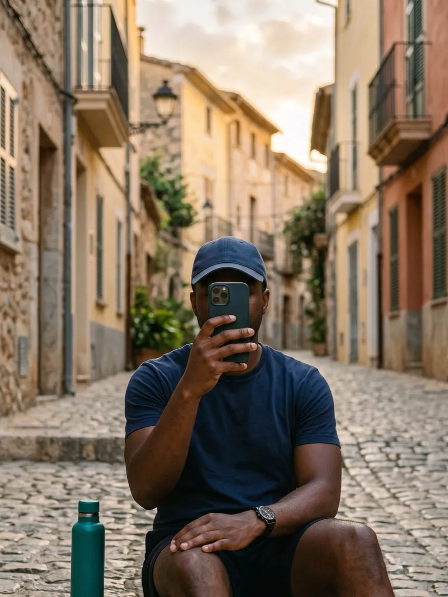 A traveler on a quiet cobbled street holds his phone in front of his face, reusable bottle at his feet